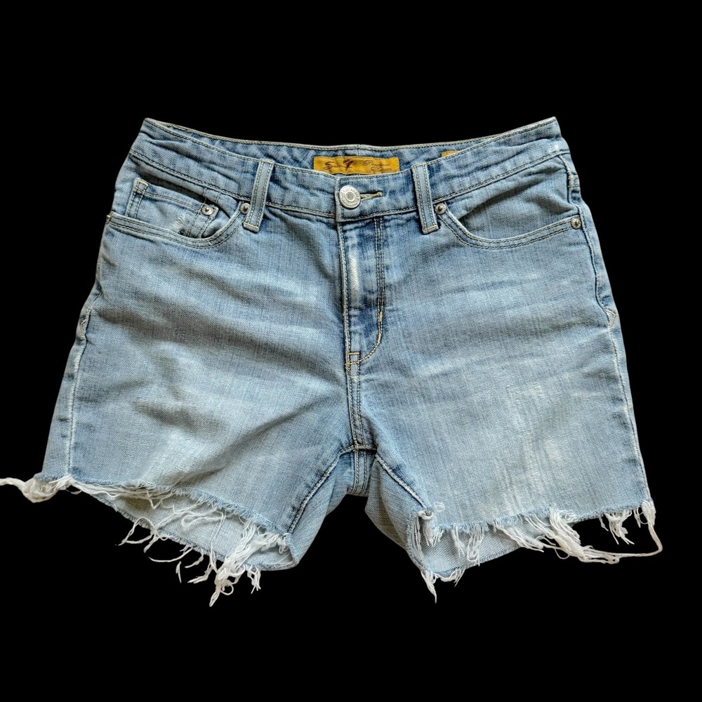 Seven7 Premium Denim Women Light Wash Raw Hem Jean Shorts Size 4 Blue Distressed